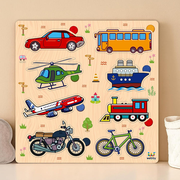 Webby Wooden Learning Puzzle Set | Educational Montessori Toys with Shapes, Fruits and Transport Vehicles | Set of 3 Puzzles for Kids
