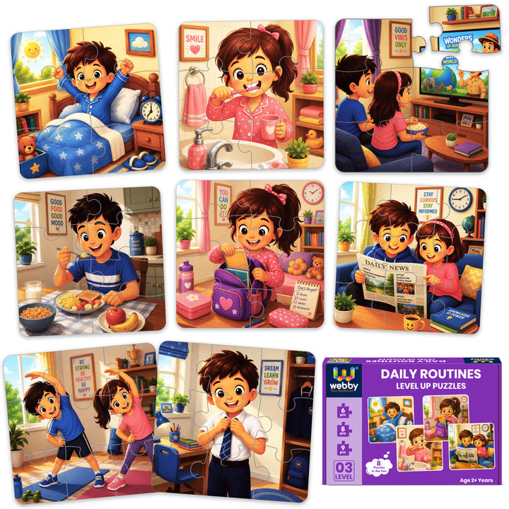 Webby Daily Routines Level Up Jigsaw Puzzle for Kids | 8 Puzzles in Box, 3 Difficulty Levels, 6-9 Pieces per Puzzle, Age 2+ Years