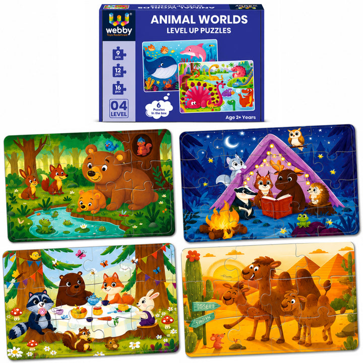 Webby Animal Worlds Level Up Jigsaw Puzzles for Kids | 6 Puzzles in 1 Box, 9, 12 & 16 Pieces, Ages 2+ Years
