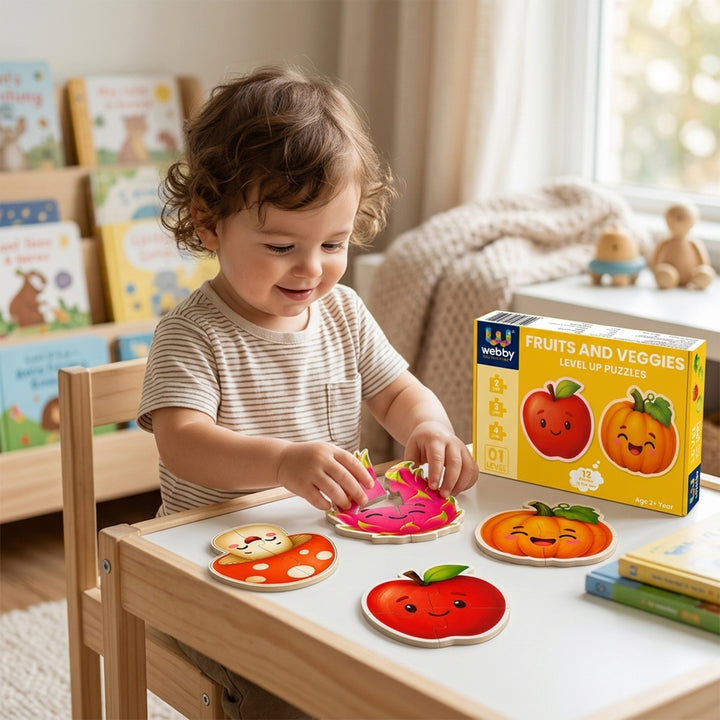 Webby Fruits and Vegetables Level Up Jigsaw Puzzle for Kids | 12 Puzzles in Box, Ages 2+ Years, Montessori Learning, 2-4 Piece Puzzles, Develops Motor Skills