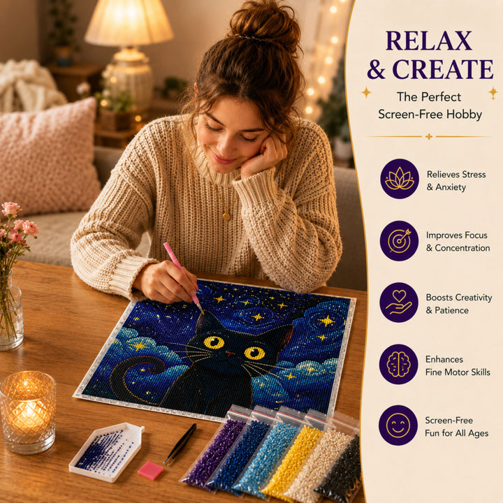 Webby Mystic Cat 5D Diamond Painting Art and Craft Kit | DIY Activity, Waterproof Canvas, 5D Crystal Diamonds, Includes Tools & Tray, Stress Relief