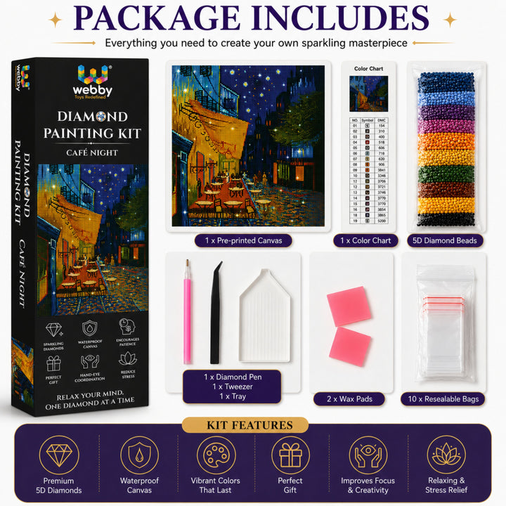 Webby Café Night 5D Diamond Painting Kit | Waterproof Canvas, 5D Diamond Beads, Includes Pen & Tweezer, Stress Relieving, For All Ages
