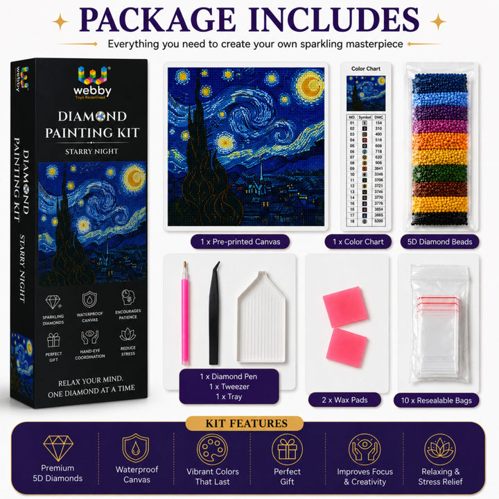 Webby DIY Starry Night 5D Diamond Painting Art and Craft Kit | Waterproof Canvas, Includes Diamond Pen, Stress Relief Activity, Resealable Storage Bags, Colour Chart Included