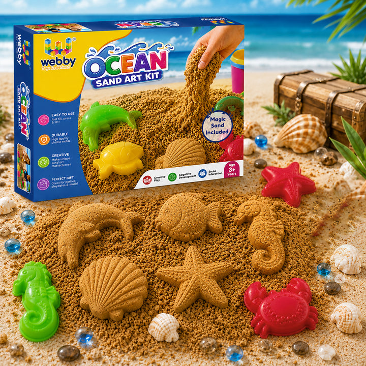 Webby Ocean Sand Art Kit with Magic Sand and Moulds | Ages 3+ Years, Ocean Animal Moulds, Sensory Play, Boosts Creativity, Fine Motor Skills