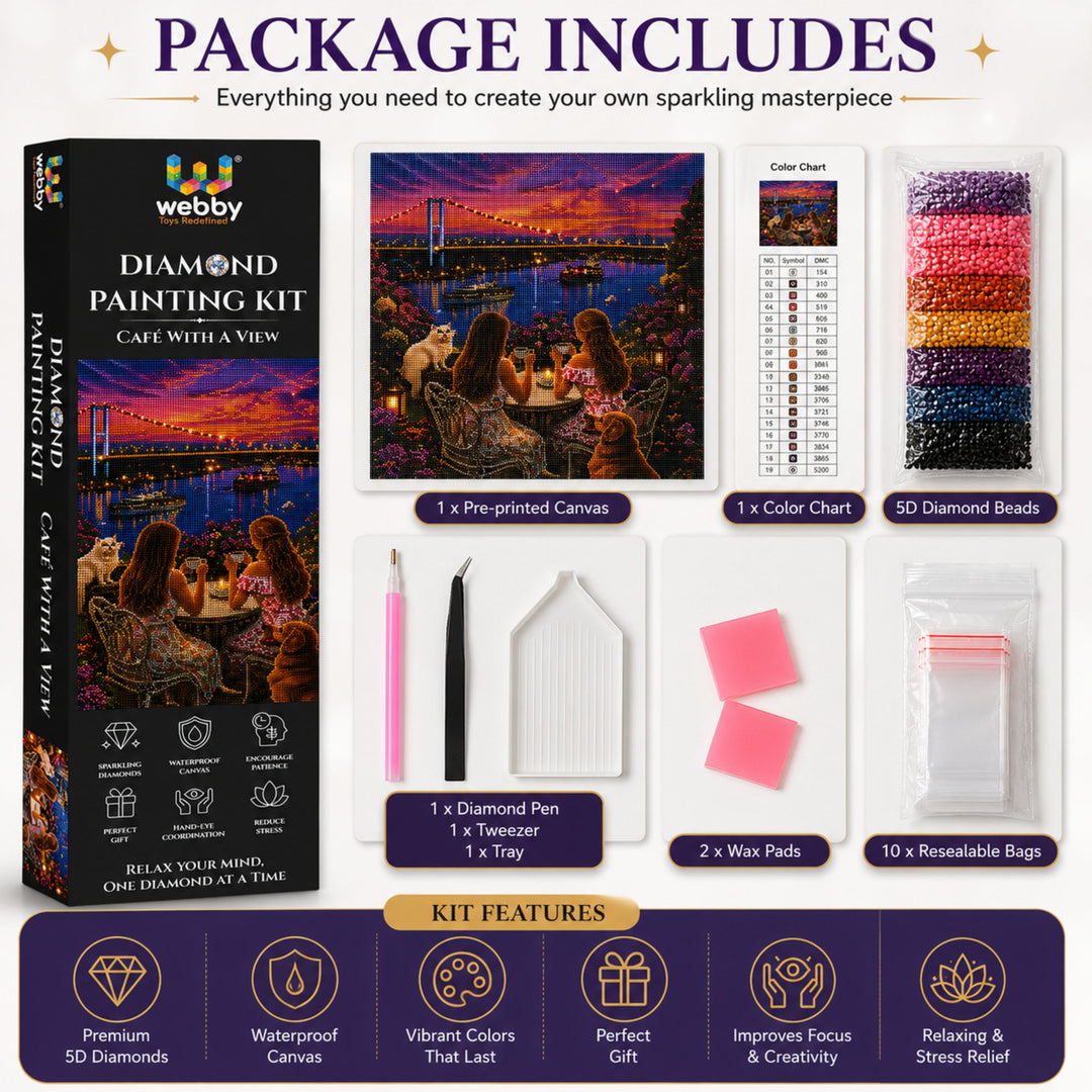 Webby Café with a View 5D Diamond Painting Kit | DIY Art and Craft, 5D Crystal Diamonds, Waterproof Canvas, Includes All Tools, Stress Relief Activity