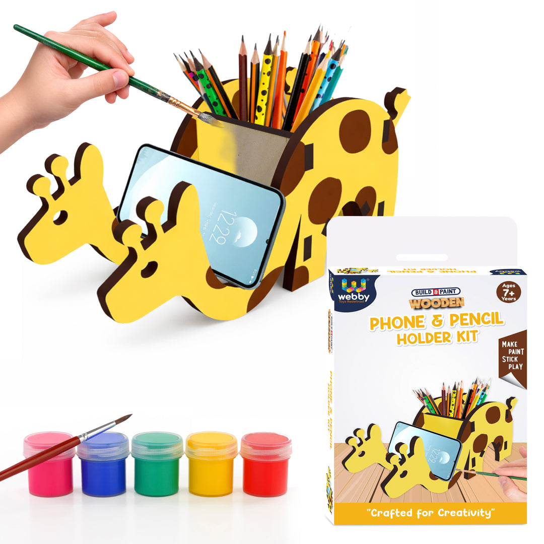 Webby Wooden DIY Paint Giraffe Pen and Pencils Holder Art and Craft Toy | Birthday Return Gift | Colour Paint Activity Kit for Kids