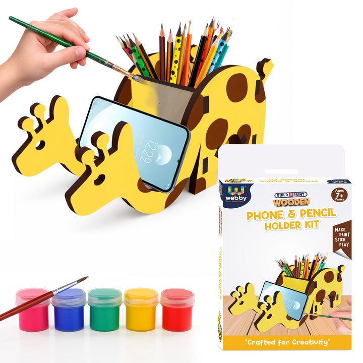 Webby Wooden DIY Paint Giraffe Pen and Pencils Holder Art and Craft Toy | Birthday Return Gift | Colour Paint Activity Kit for Kids