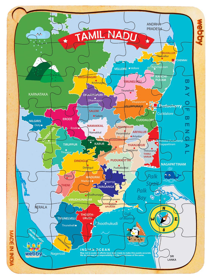 Webby Tamil Nadu Map Wooden Floor Puzzle, 40 Pcs