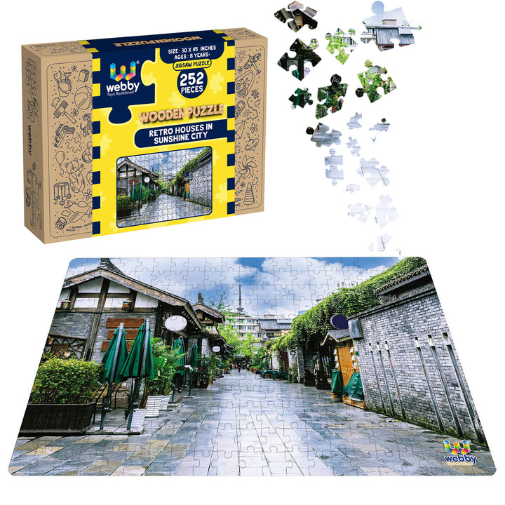 Webby Retro Houses in Sunshine City Wooden Jigsaw Puzzle, 252 pieces