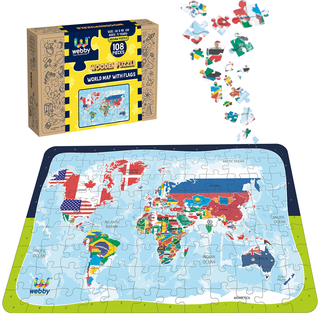 Webby World Map with Flags Wooden Jigsaw Puzzle, 108 Pieces