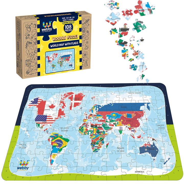 Webby World Map with Flags Wooden Jigsaw Puzzle, 108 Pieces
