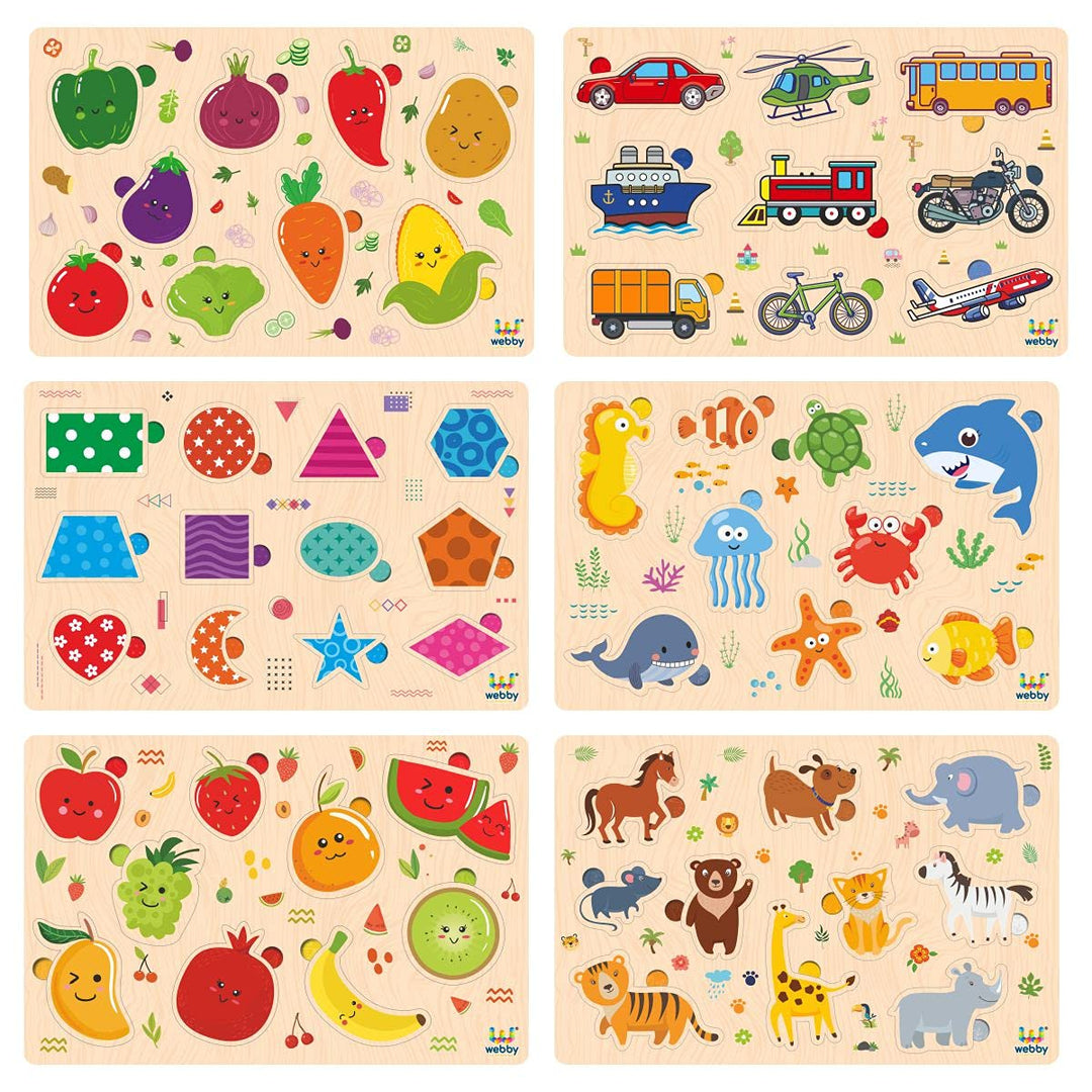 Webby Wooden Educational Colorful Fruits, Vegetables, Sea Animals, Public Transport, Shapes, Animals Puzzle, Set of 6