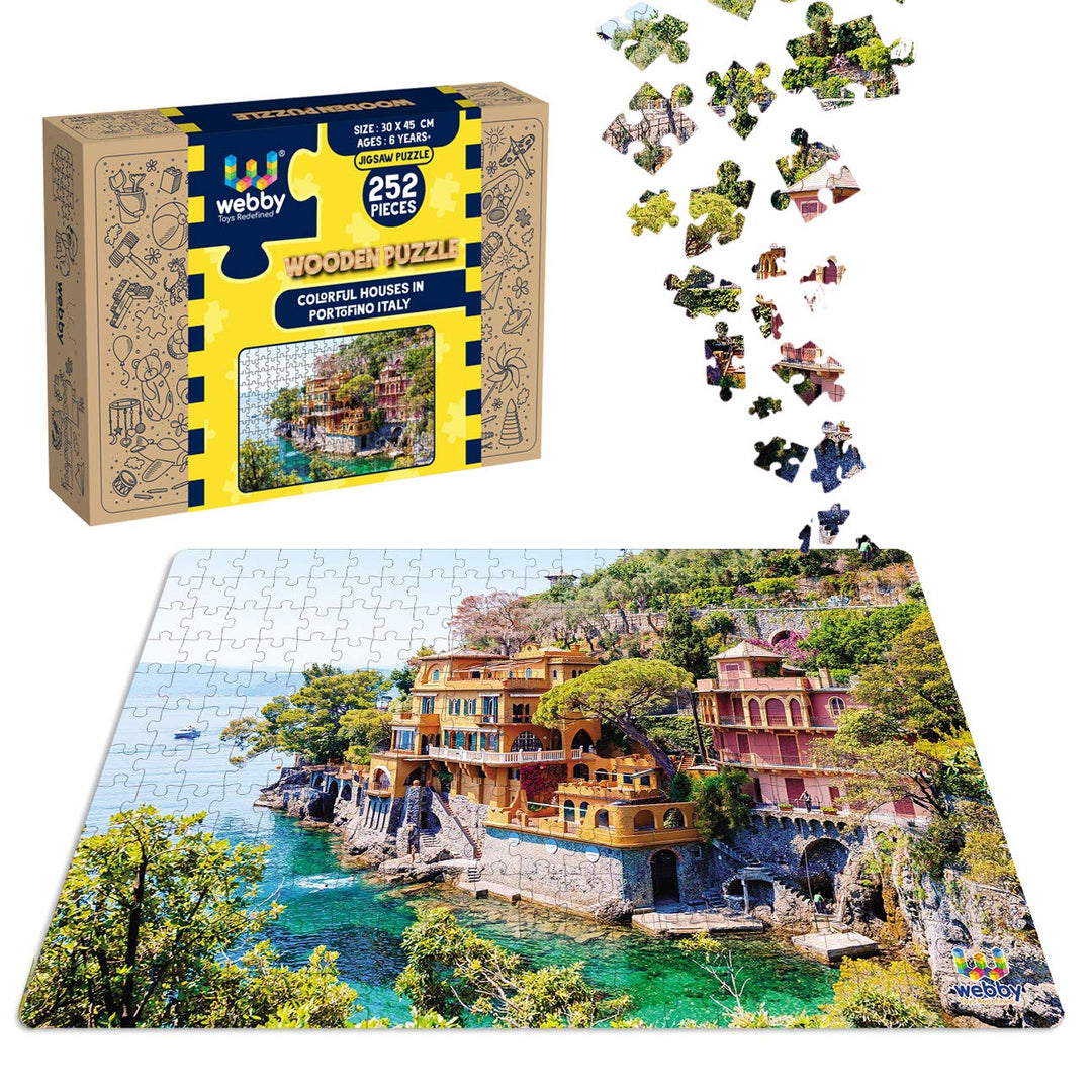 Webby Colorful Houses in Portofino, Italy, Wooden Jigsaw Puzzle, 252 pieces