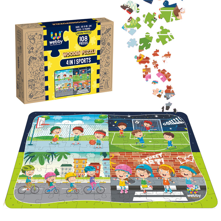 Webby 4 in 1 Sports Puzzle Wooden Jigsaw Puzzle, 108 Pieces