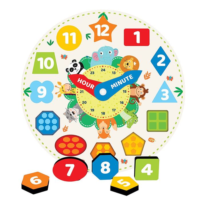 Webby Wooden Early Educational Teaching Clock -Time & Shapes (Round)
