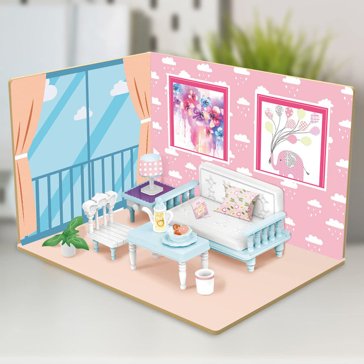 Webby DIY Living Room Wooden Doll House with Plastic Furniture