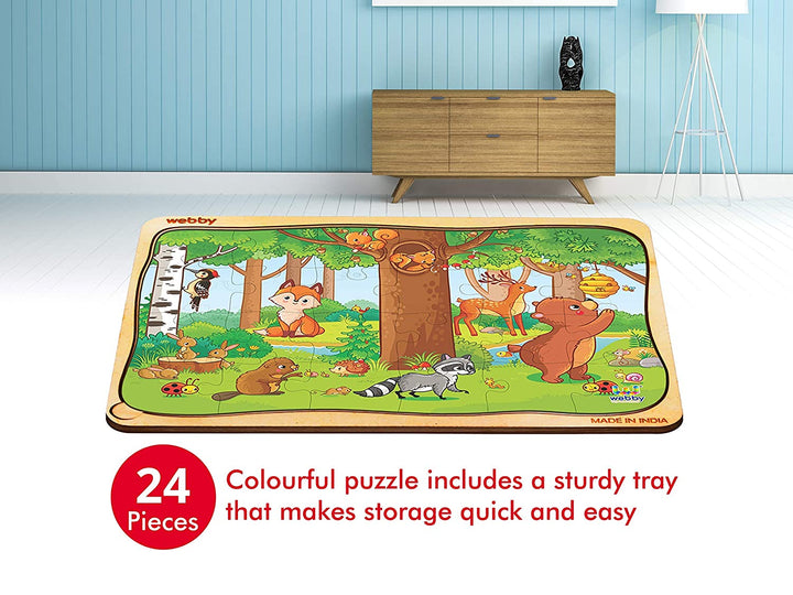 Webby Playful Animals Wooden Jigsaw Puzzle, 24pcs, Multicolor