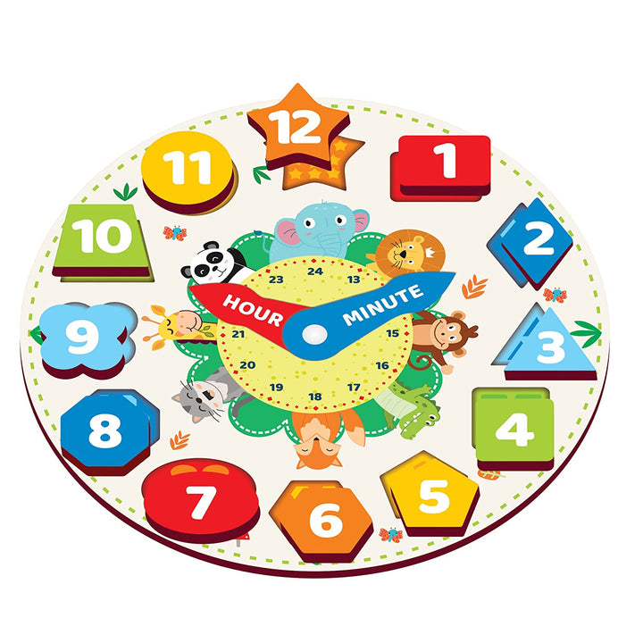 Webby Wooden Early Educational Teaching Clock -Time & Shapes (Round)