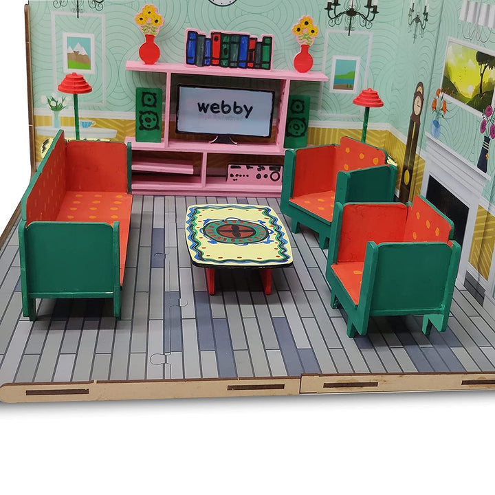 Webby DIY Build & Paint Living Room with Furniture Wooden Dollhouse