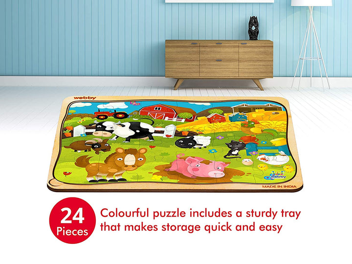 Webby Cartoon Farm Animals Wooden Jigsaw Puzzle, 24pcs, Multicolor