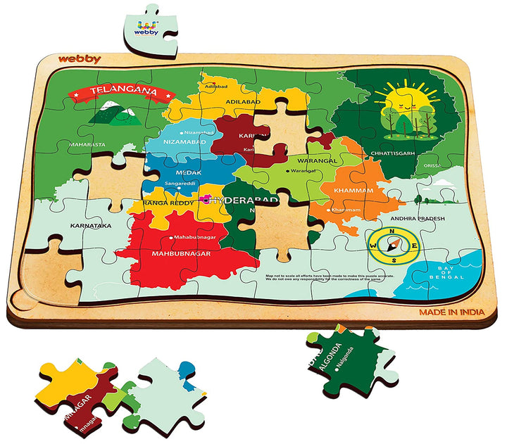 Webby Telangana Map Wooden Floor Puzzle, 40 Pcs