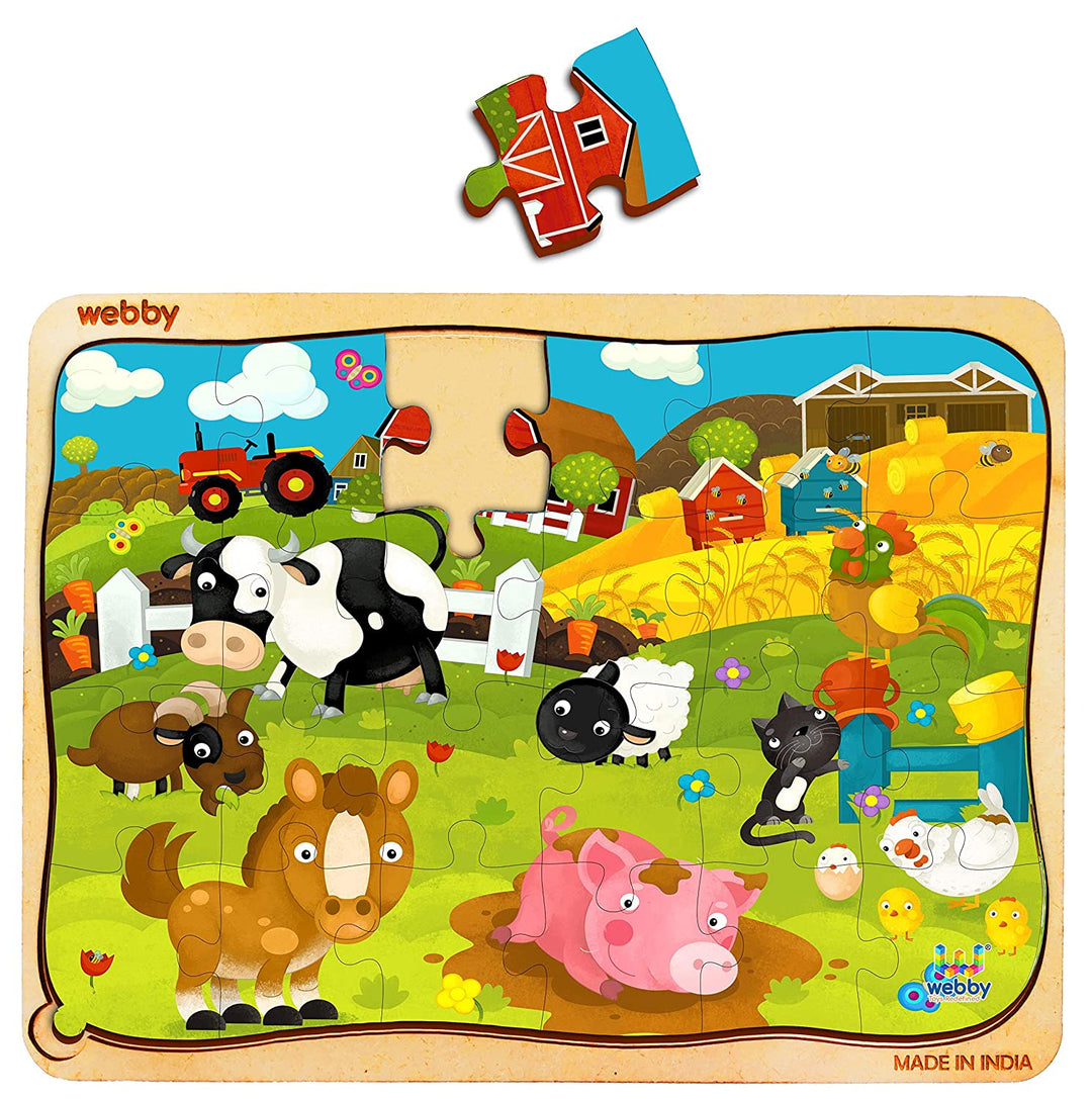 Webby Cartoon Farm Animals Wooden Jigsaw Puzzle, 24pcs, Multicolor