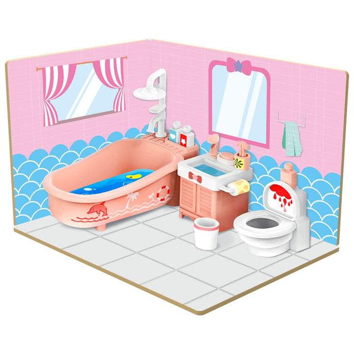 Webby DIY Bath Room Wooden Doll House with Plastic Furniture