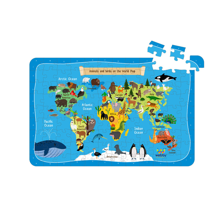 Webby World Map with Animals Wooden Jigsaw Puzzle, 108 Pieces