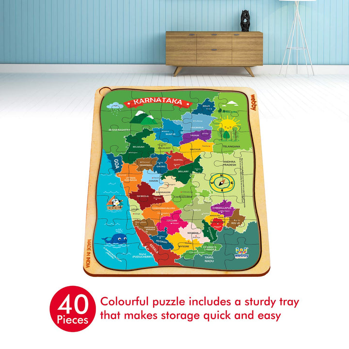 Webby Karnataka Map Wooden Floor Puzzle, 40 Pcs