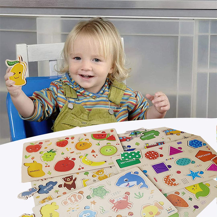 Webby Wooden Educational Colorful Fruits, Vegetables, Sea Animals, Public Transport, Shapes, Animals Puzzle, Set of 6