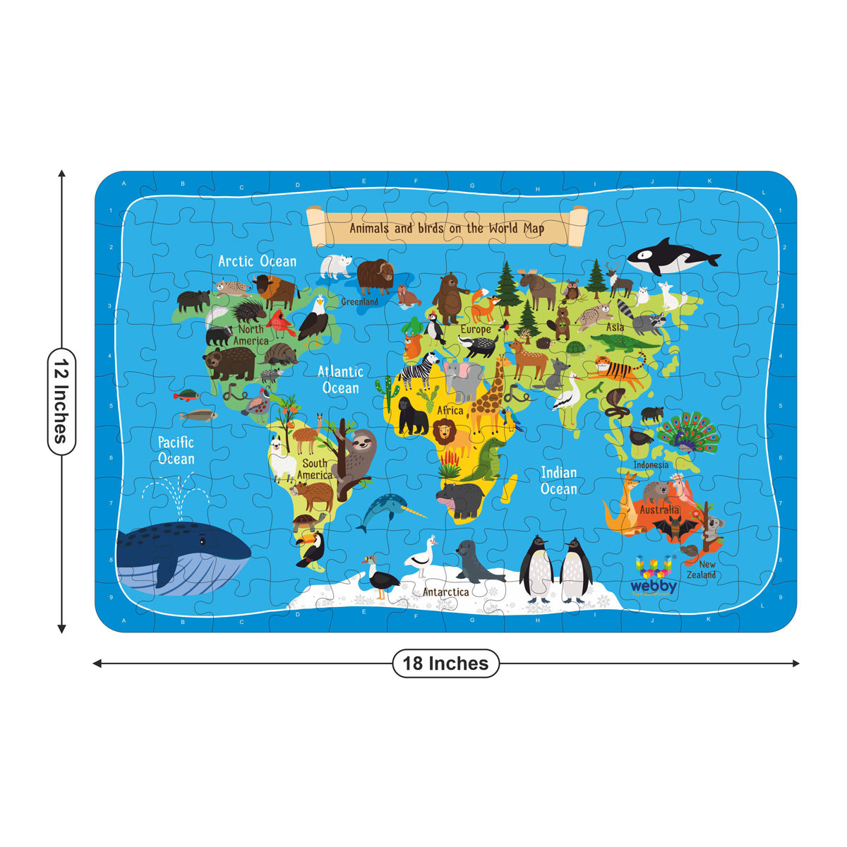 Webby World Map with Animals Wooden Jigsaw Puzzle, 108 Pieces