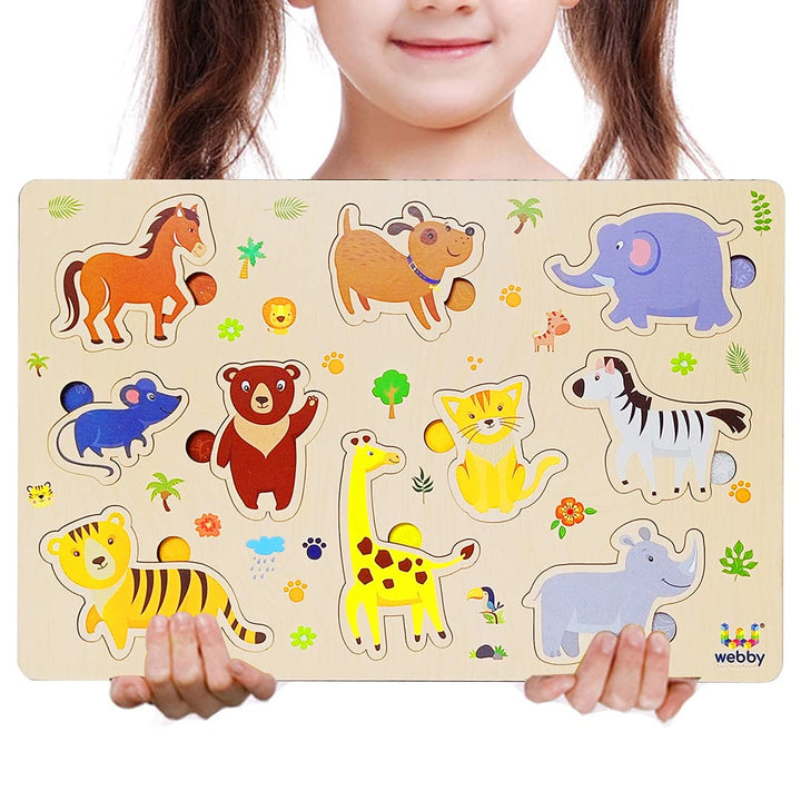 Webby Wooden Educational Colorful Fruits, Vegetables, Sea Animals, Public Transport, Shapes, Animals Puzzle, Set of 6