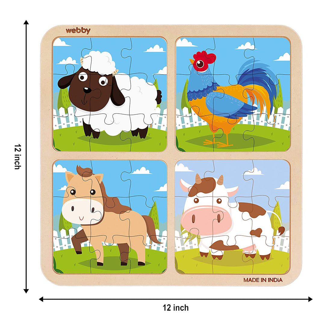 Webby 4 in 1 Farm Animals Wooden Puzzle Toy, 36 Pcs