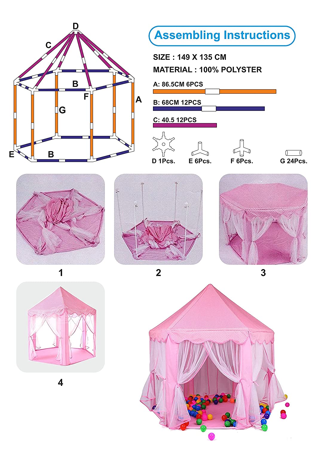 Webby Kids Indoor and Outdoor Castle Play Tent House (Pink)