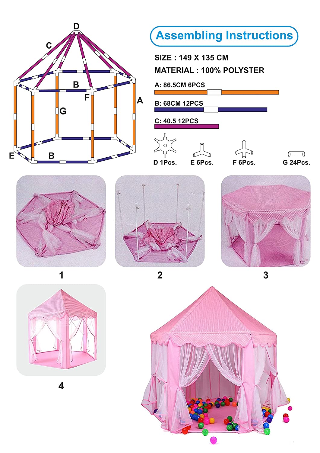 Webby Kids Indoor and Outdoor Castle Play Tent House (Pink