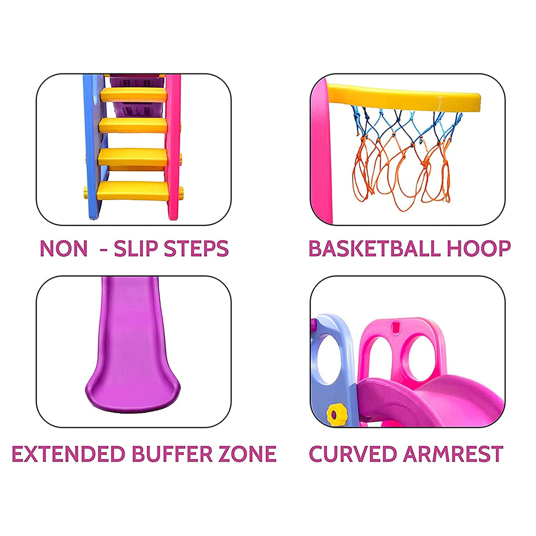 Webby Foldable Wavy Garden Slide with Adjustable Height & Basketball Ring (Multicolour)