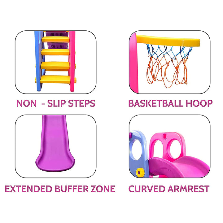 Webby Foldable Wavy Garden Slide with Adjustable Height & Basketball Ring (Multicolour)