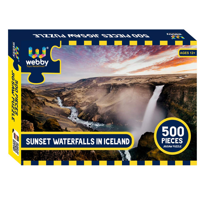 Webby Sunset Waterfalls in Iceland Wooden Jigsaw Puzzle, 500 pieces