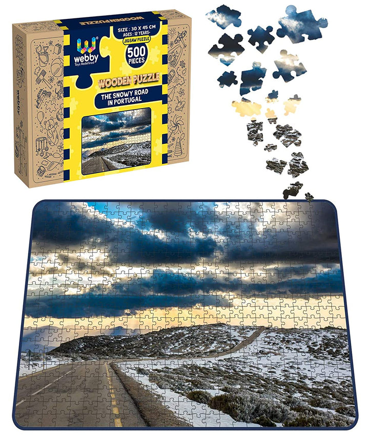 Webby The Snowy Road in Portugal Wooden Jigsaw Puzzle, 500 pieces