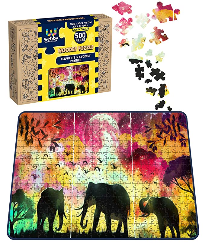 Webby Elephants in a Forest Painting Wooden Jigsaw Puzzle, 500 pieces