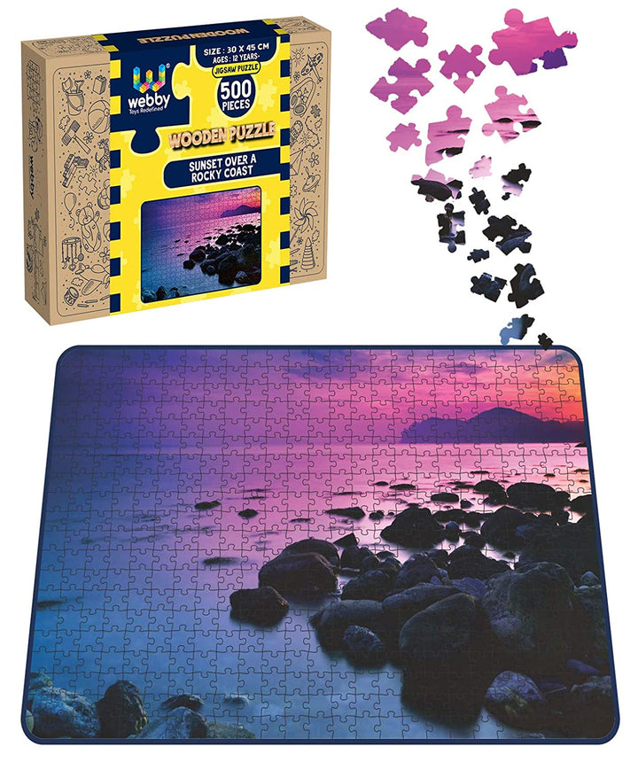 Webby Sunset Over a Rocky Coast Wooden Jigsaw Puzzle, 500 pieces