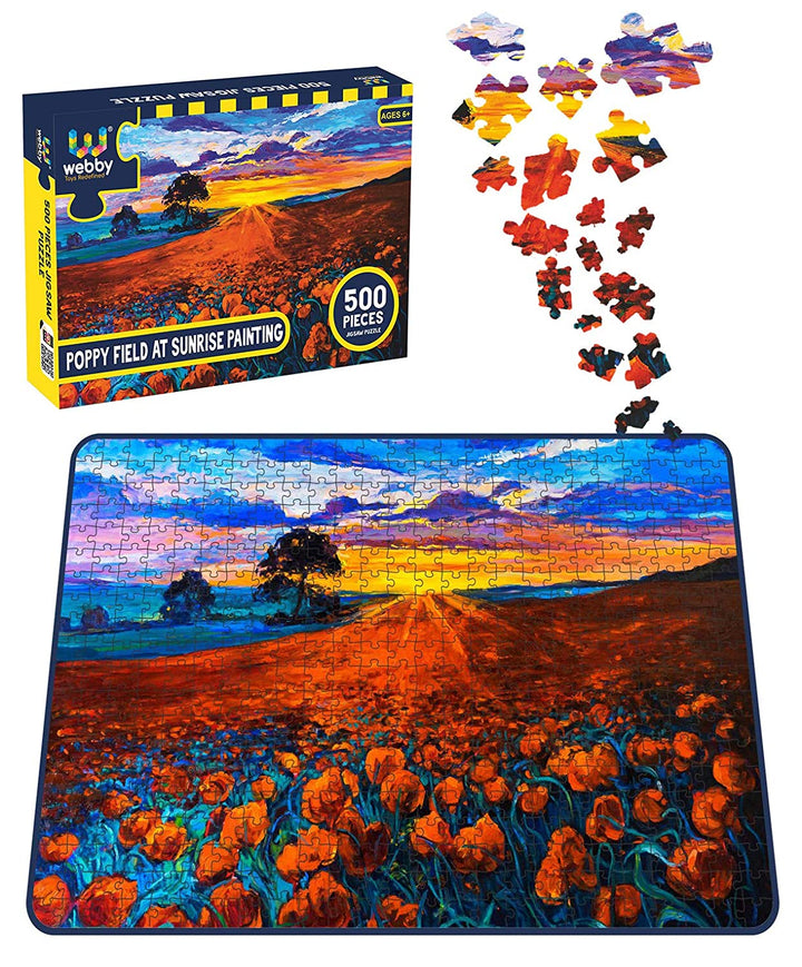 Webby Poppy Field at Sunrise Painting Wooden Jigsaw Puzzle, 500 pieces