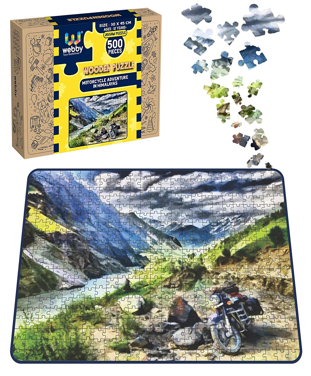 Webby Motorcycle Adventure in Himalayas Wooden Jigsaw Puzzle, 500 pieces