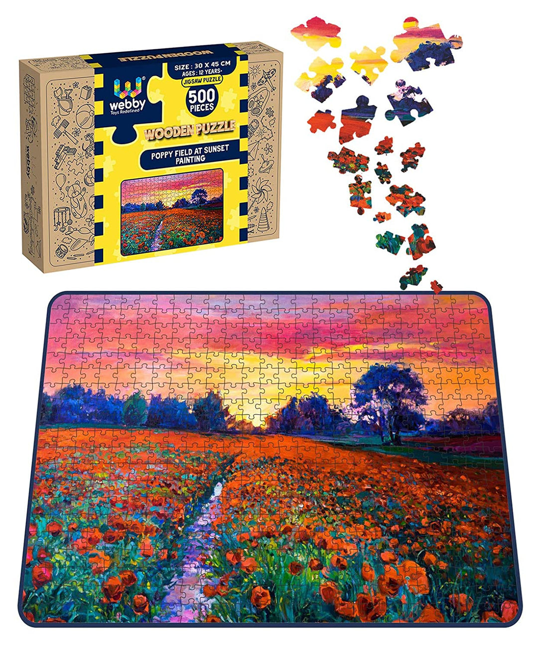 Webby Poppy Field at Sunset Painting Wooden Jigsaw Puzzle, 500 pieces
