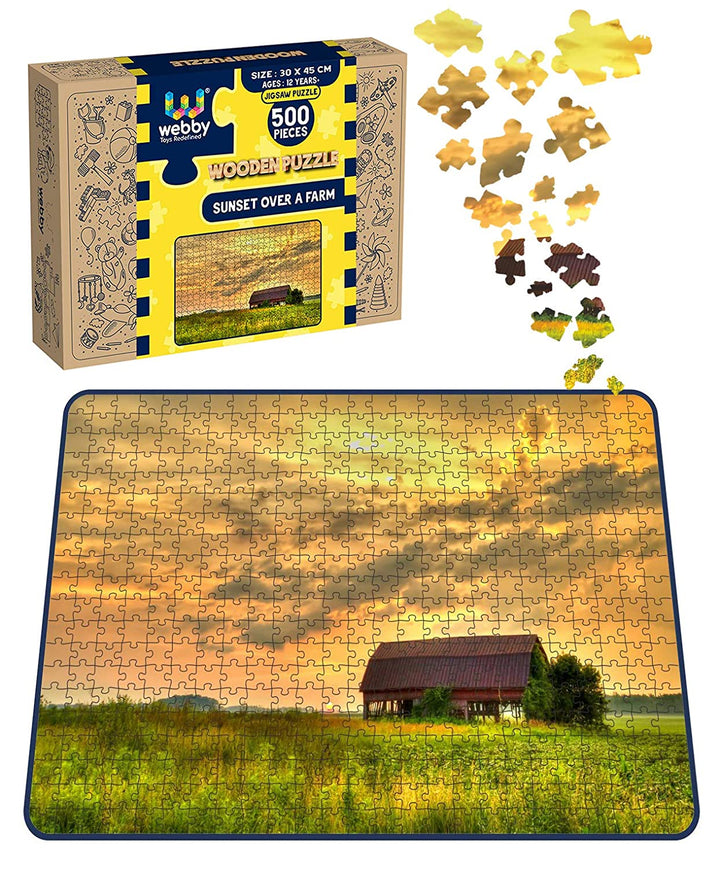 Webby Sunset Over a Farm Wooden Jigsaw Puzzle, 500 pieces