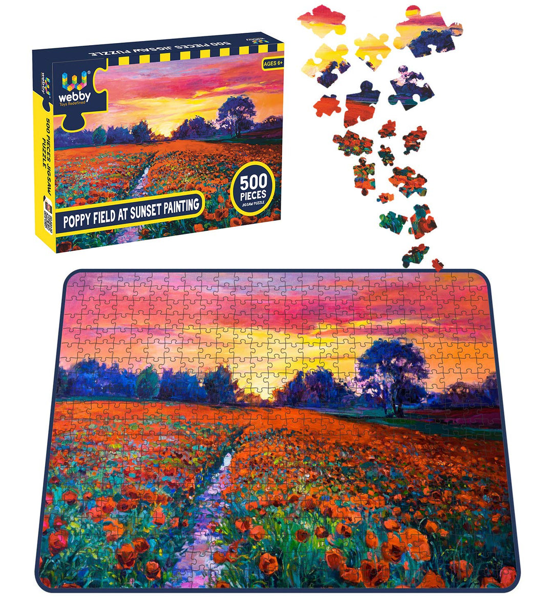 Webby Poppy Field at Sunset Painting Wooden Jigsaw Puzzle, 500 pieces
