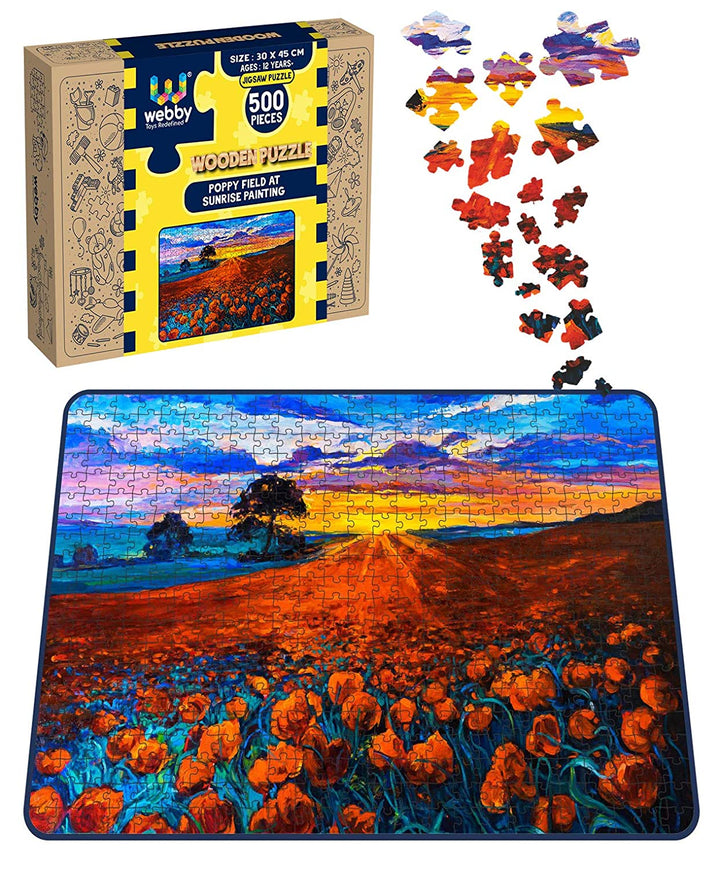 Webby Poppy Field at Sunrise Painting Wooden Jigsaw Puzzle, 500 pieces