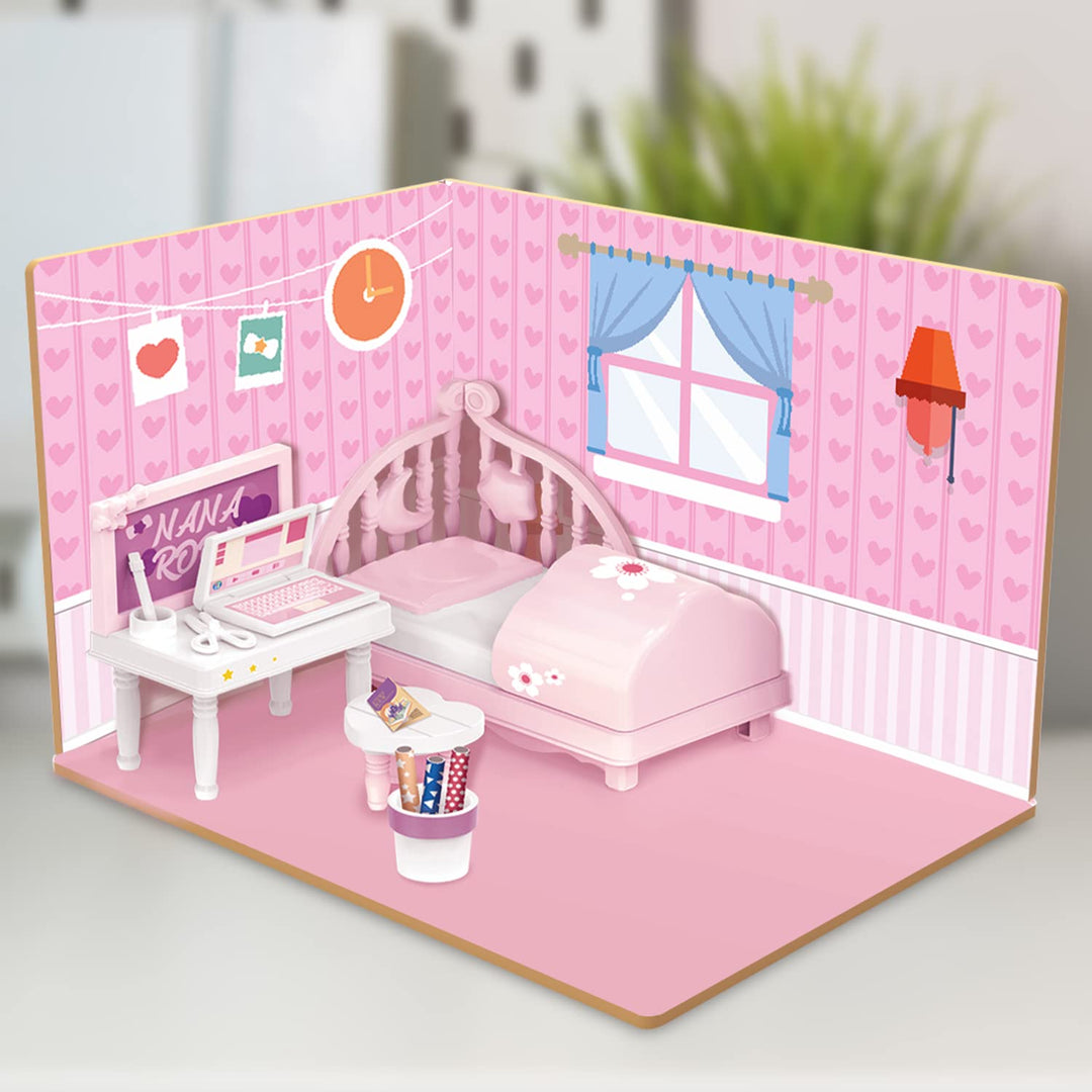 Webby DIY Bed Room Wooden Doll House with Plastic Furniture