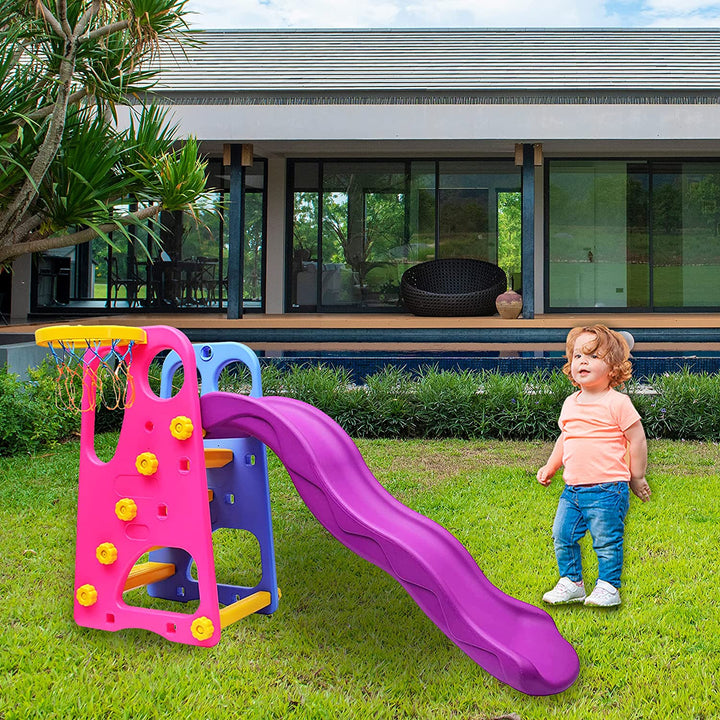 Webby Foldable Wavy Garden Slide with Adjustable Height & Basketball Ring (Multicolour)