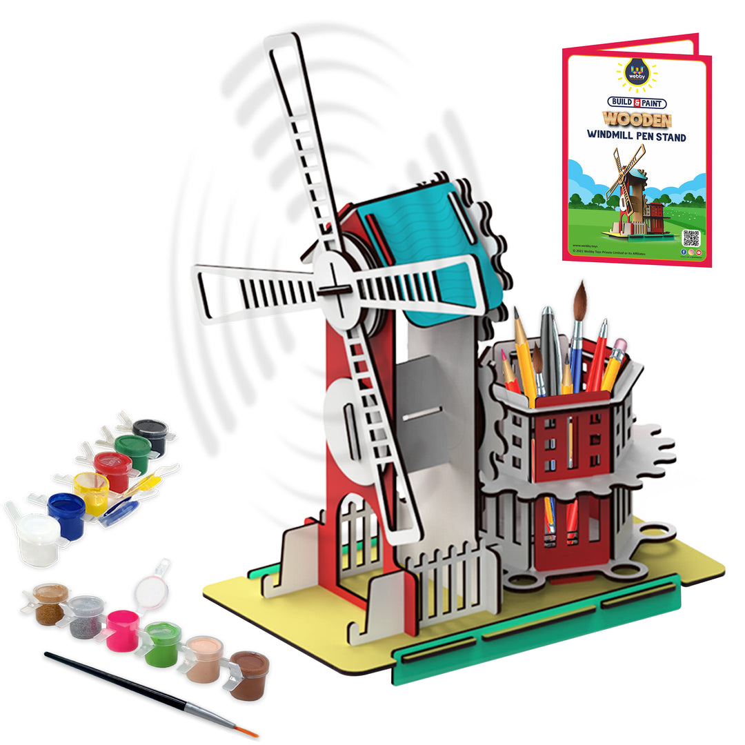 Webby DIY Art and Craft Wooden Mechanical Windmill with Rotating Pen Stand